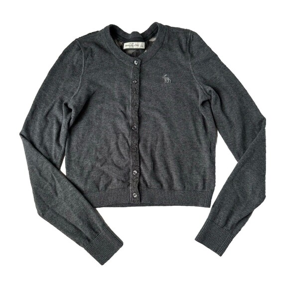 Abercrombie & Fitch Sweater Women’s Medium Gray Crop Cardigan Logo Lace Accent - Picture 1 of 14